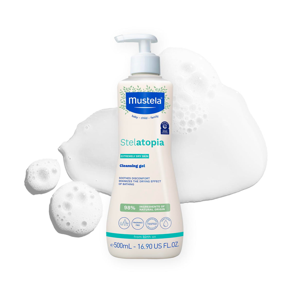Mustela Stelatopia front packaging showing bottle and label, promotes gentle cleansing