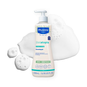 Mustela Stelatopia front packaging showing bottle and label, promotes gentle cleansing