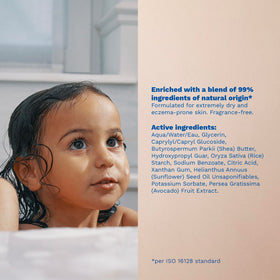 Mustela Stelatopia ingredient label close-up, clarifies key moisturizing components