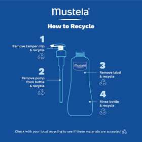 Hand holding Mustela Stelatopia bottle for scale, shows travel-friendly 16.9 fl oz