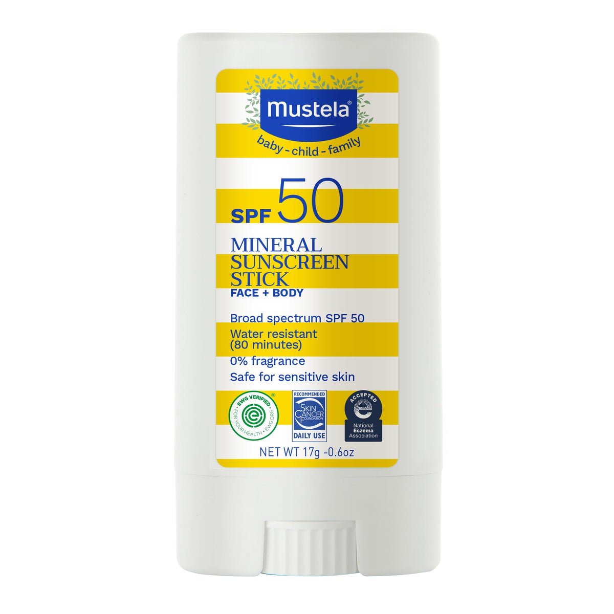 Mustela sun stick front view showing compact travel-friendly SPF 50