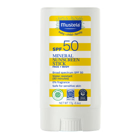 Mustela sun stick front view showing compact travel-friendly SPF 50