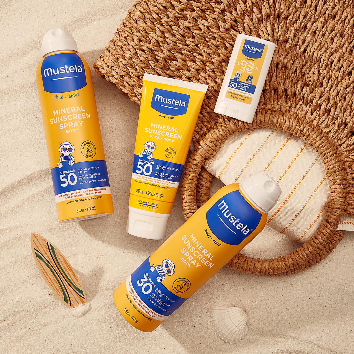Mustela bottle staged with beach gear for worry-free outings