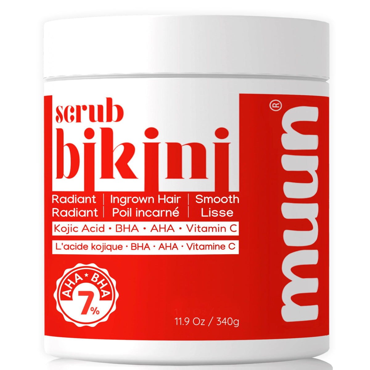 Muun front packaging showing bikini area exfoliator and scent for easy identification and appeal