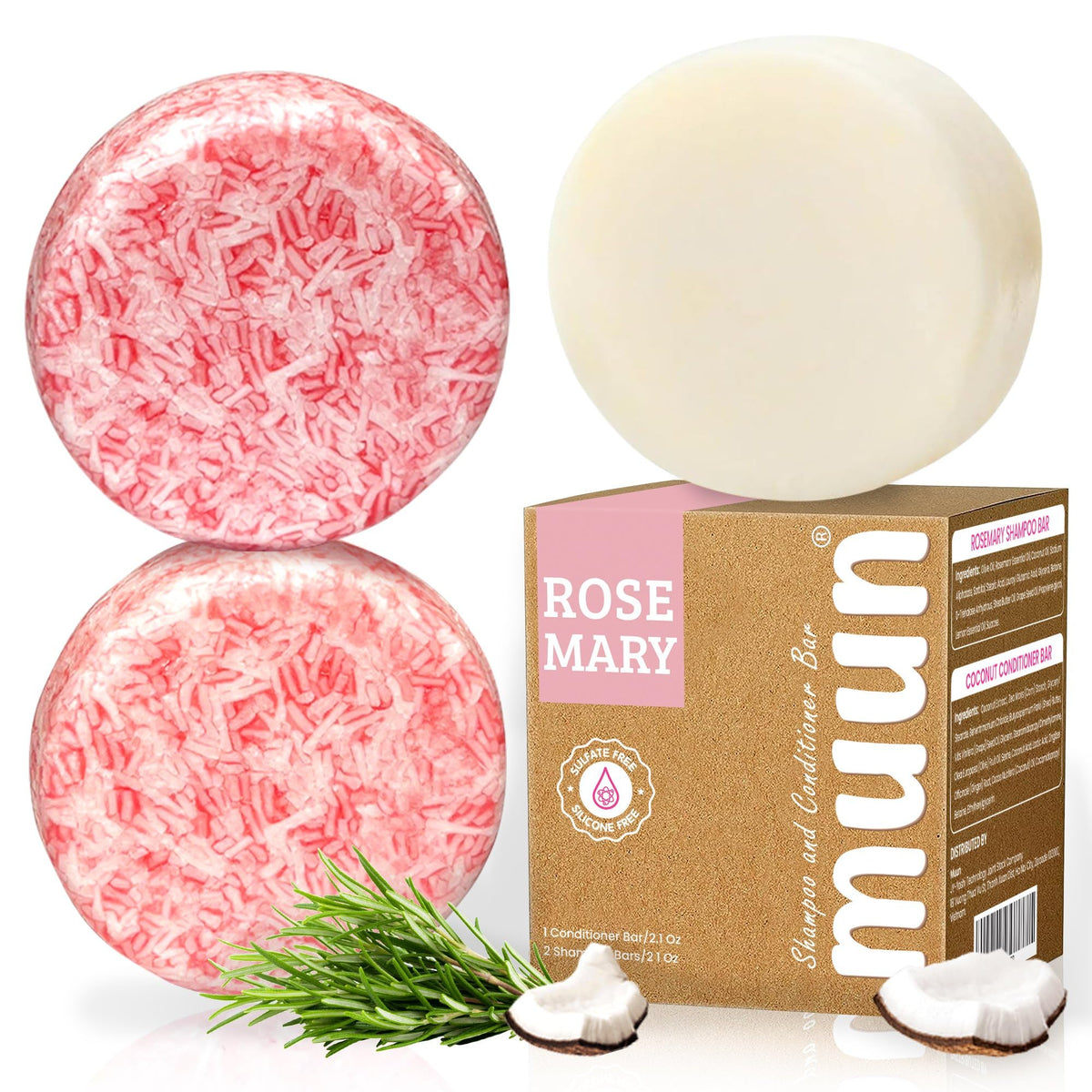 Muun front packaging showing the rosemary shampoo and conditioner set and eco benefits