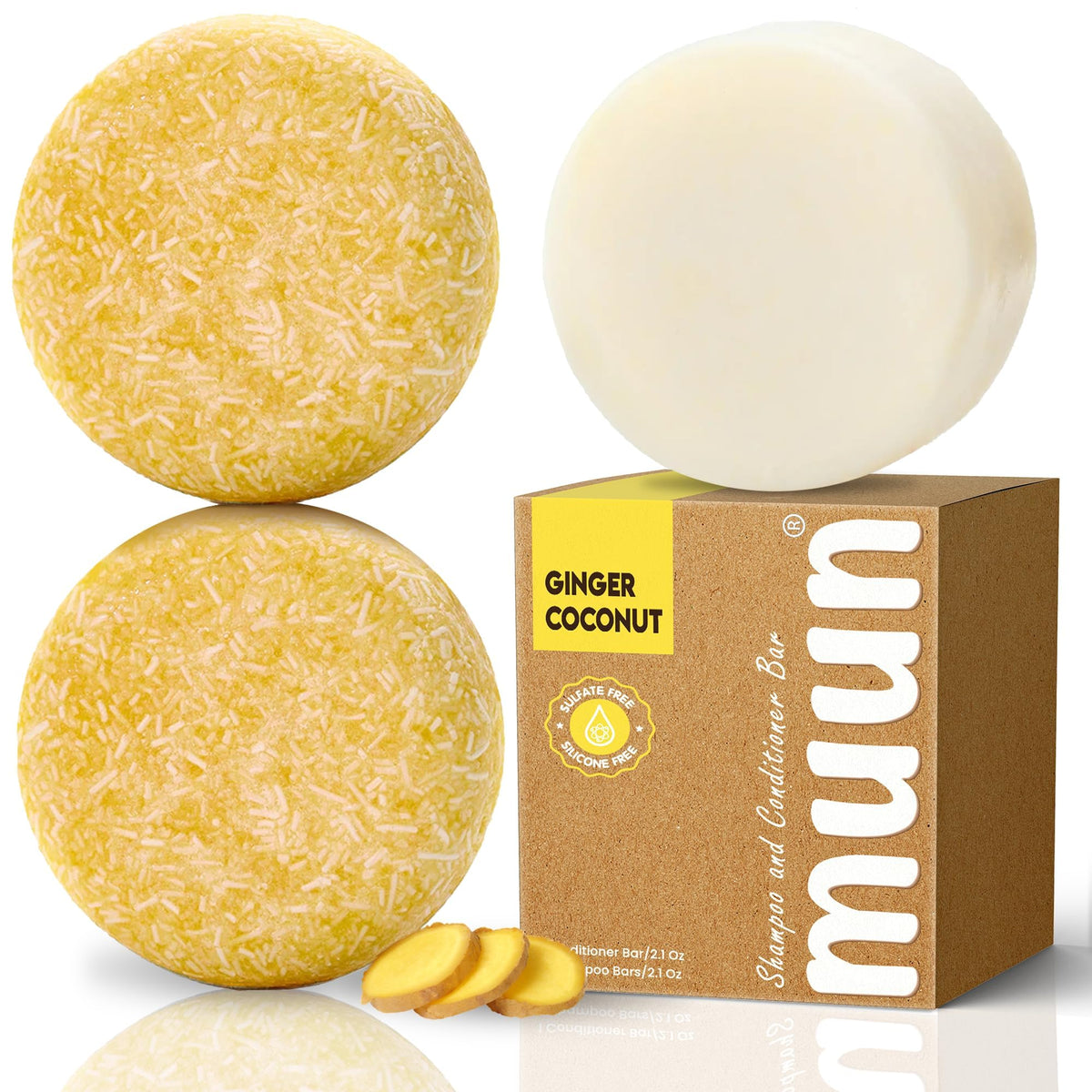Muun ginger pack front view showing three solid bars and eco packaging for travel