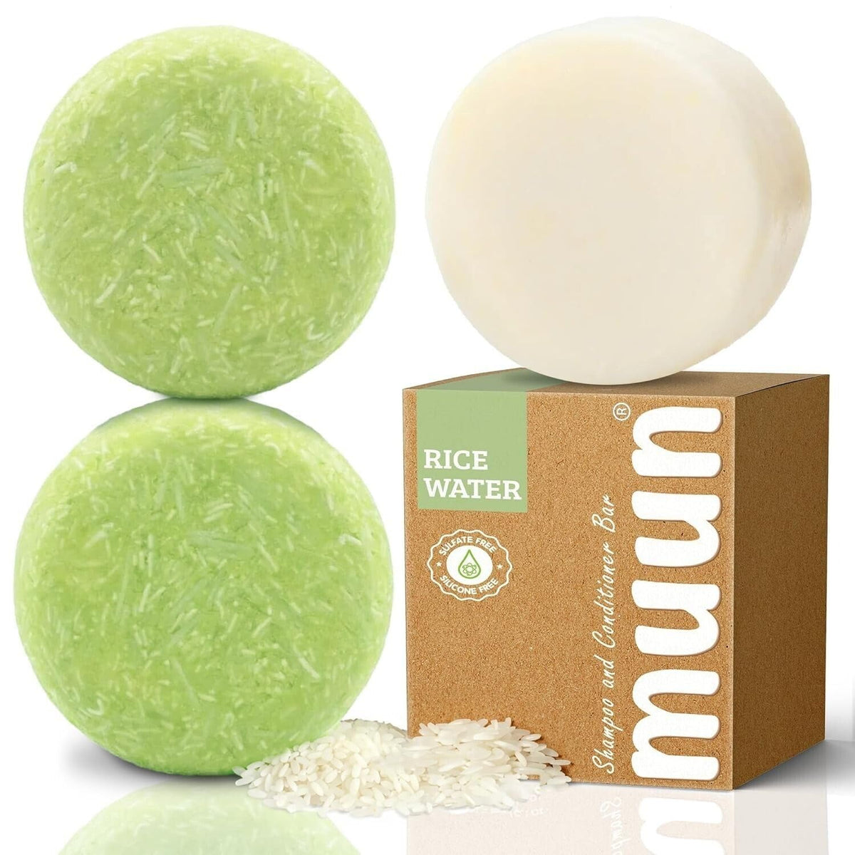 Muun front packaging showing rice water bar pack and eco benefit