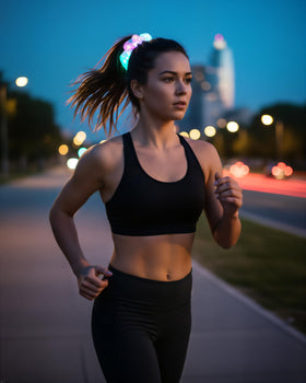 MUYANN scrunchie worn in hair demonstrating glow effect at night