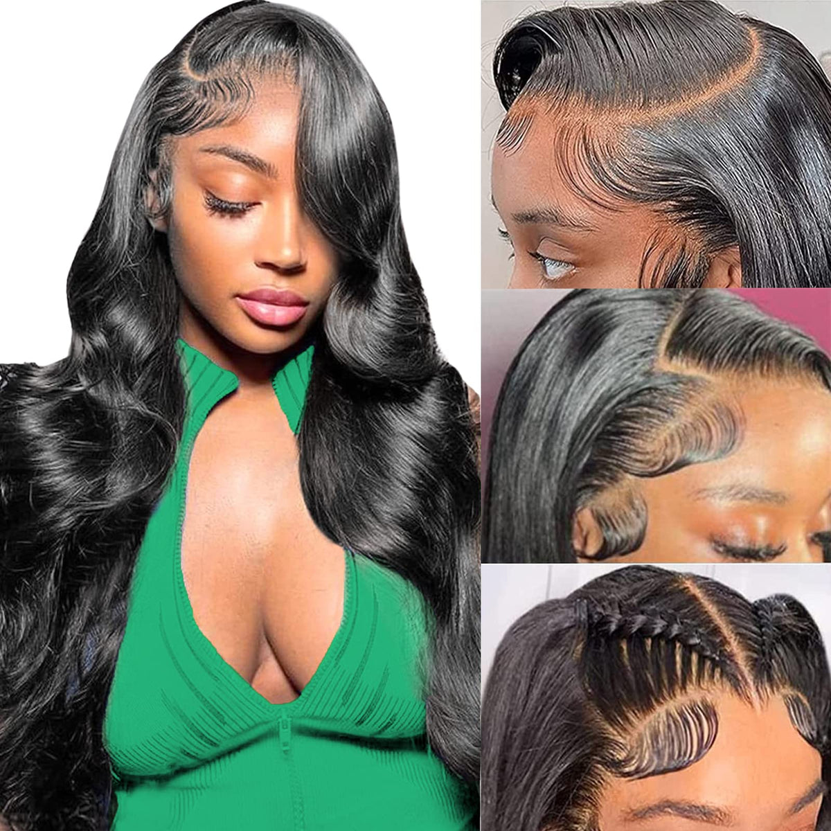 MUZOJET front view 22-inch body wave wig showing natural fall and shine