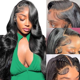 MUZOJET front view 22-inch body wave wig showing natural fall and shine