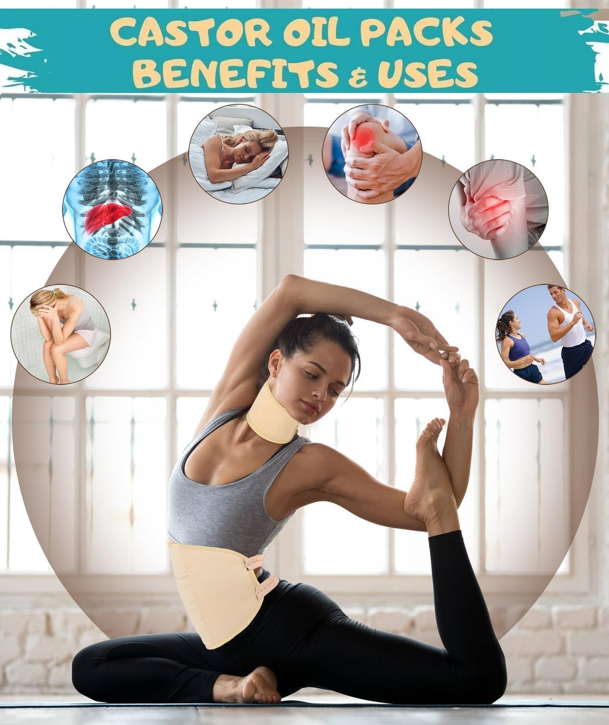 MUZAMOX castor oil pack wrapped on abdomen demonstrating soothing benefit