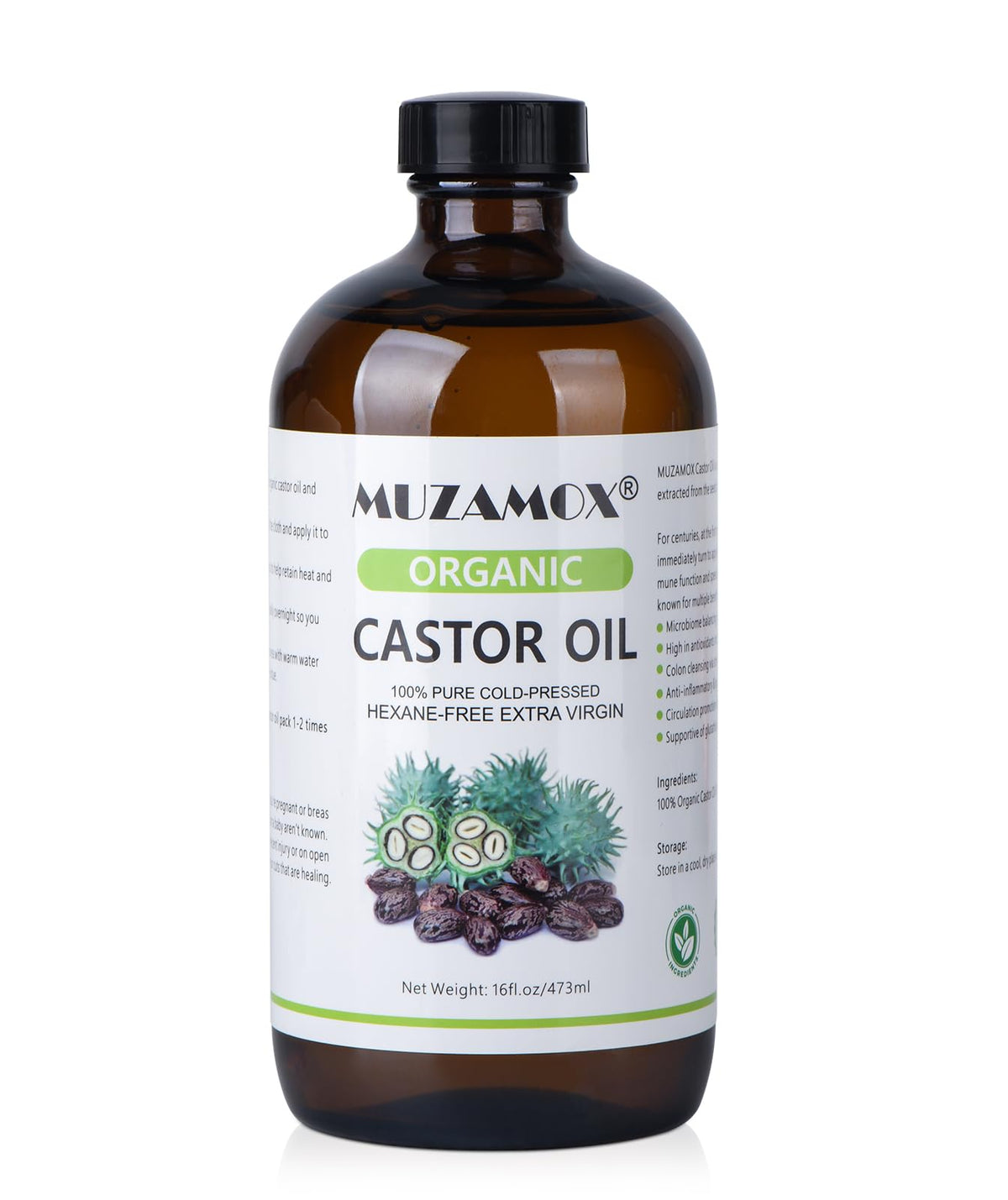 MUZAMOX front amber glass bottle showing clean label and purity benefit