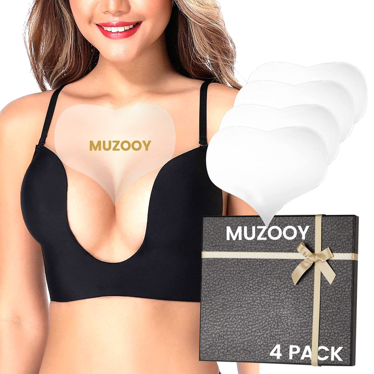 Muzooy front packaging showing four chest pads and clear labeling, promotes easy identification