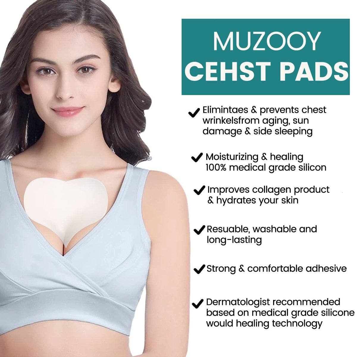 Muzooy patch applied on décolleté during sleep demonstrating protection and wrinkle prevention