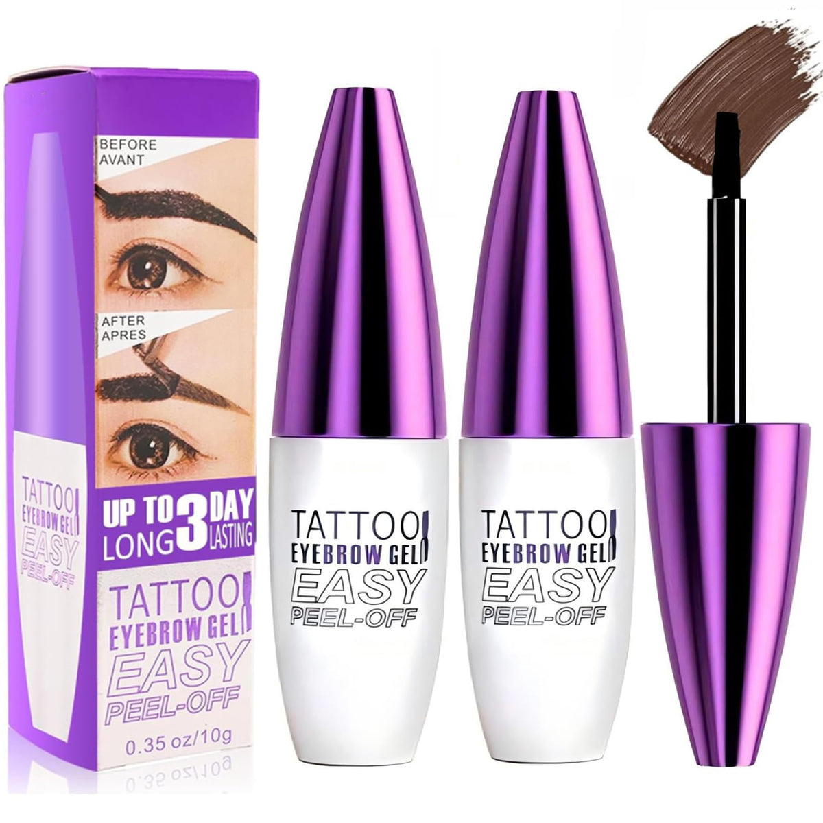 MVC front packaging dark brown showing two peel-off eyebrow gel kits and benefits