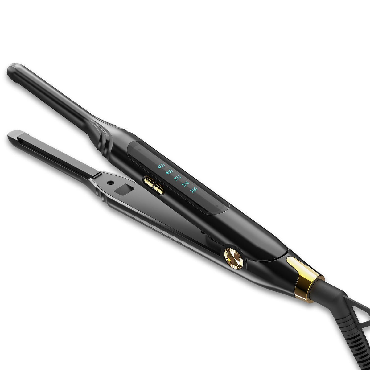 mvxitanny front view mini flat iron showing sleek black design and thin plates