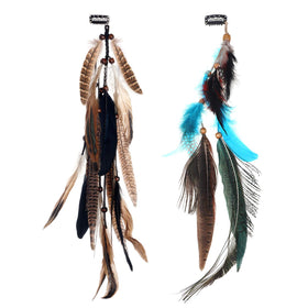 MWOOT front view of two feather clip extensions showing colors and length benefit