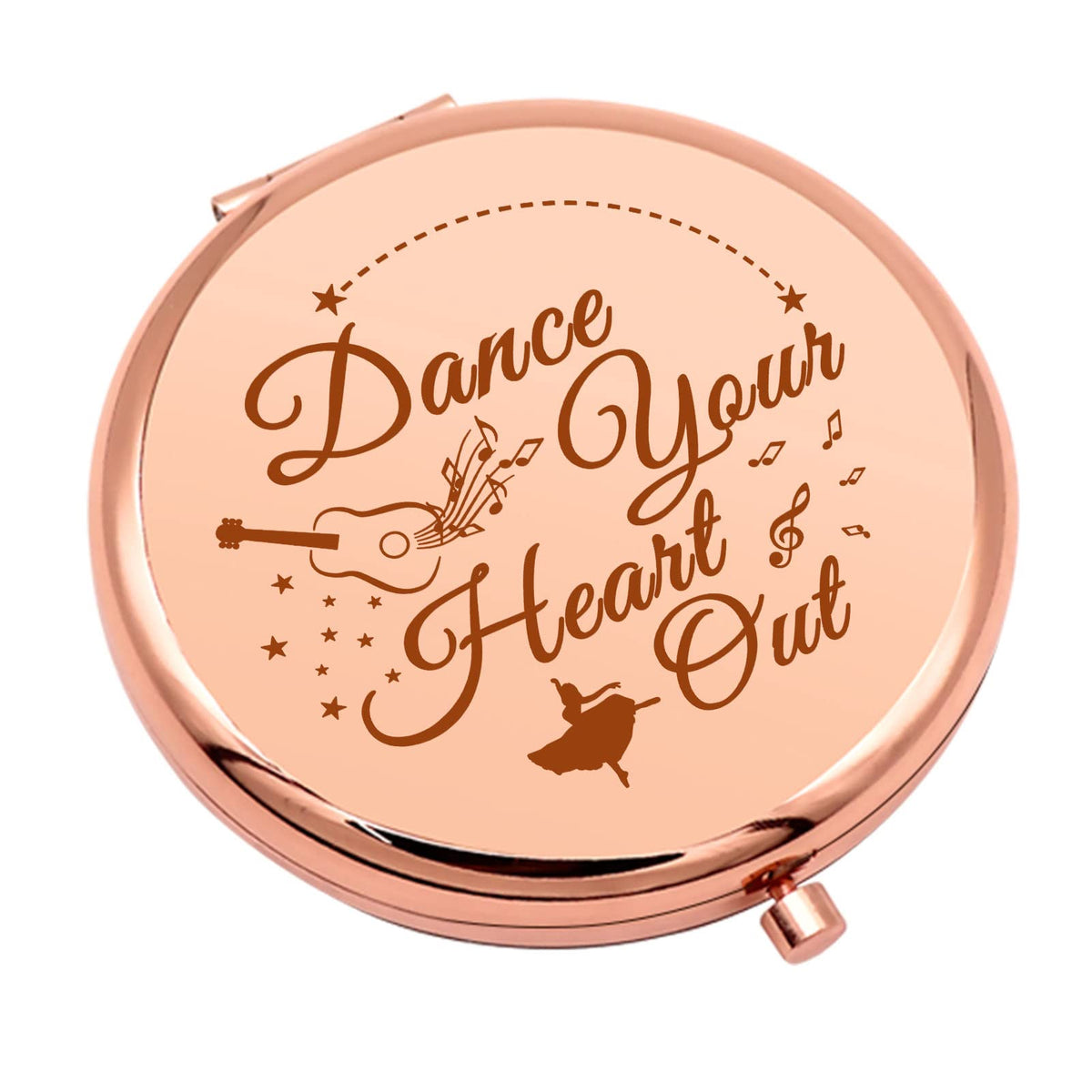 Mwphuy front view of closed compact mirror showing dance motif and portable design benefit