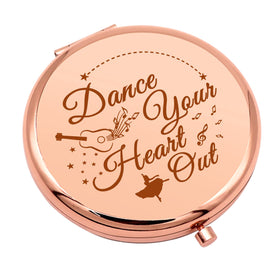Mwphuy front view of closed compact mirror showing dance motif and portable design benefit