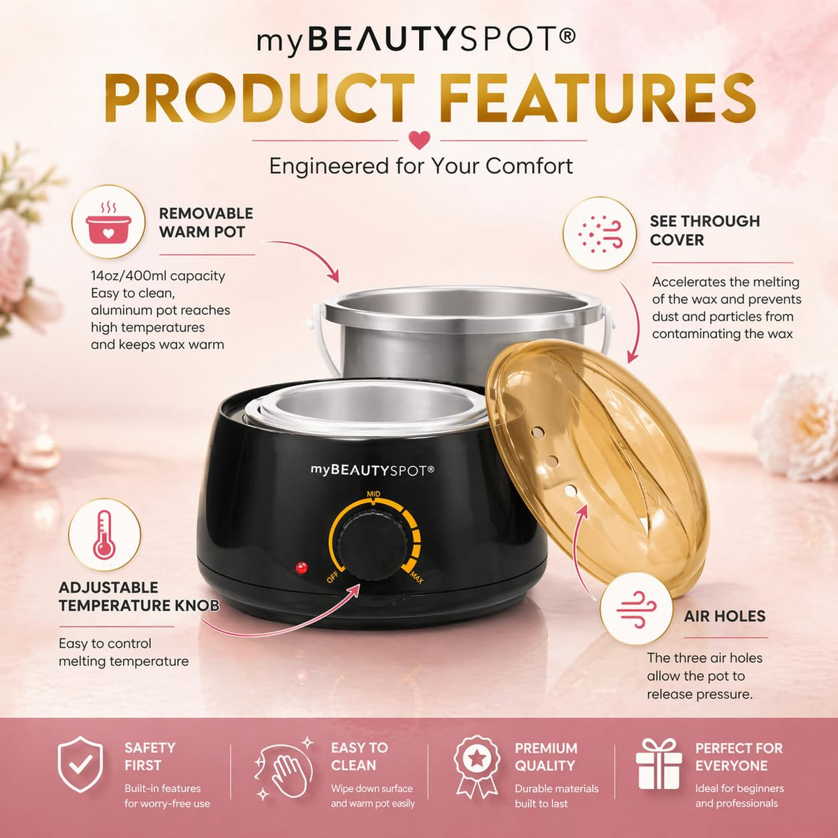 My Beauty Spot temperature control knob detail for precise heating and safe melting benefit