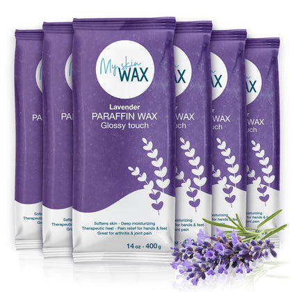 My Skin WAX front packaging showing six lavender paraffin blocks and gloves, professional refill benefit