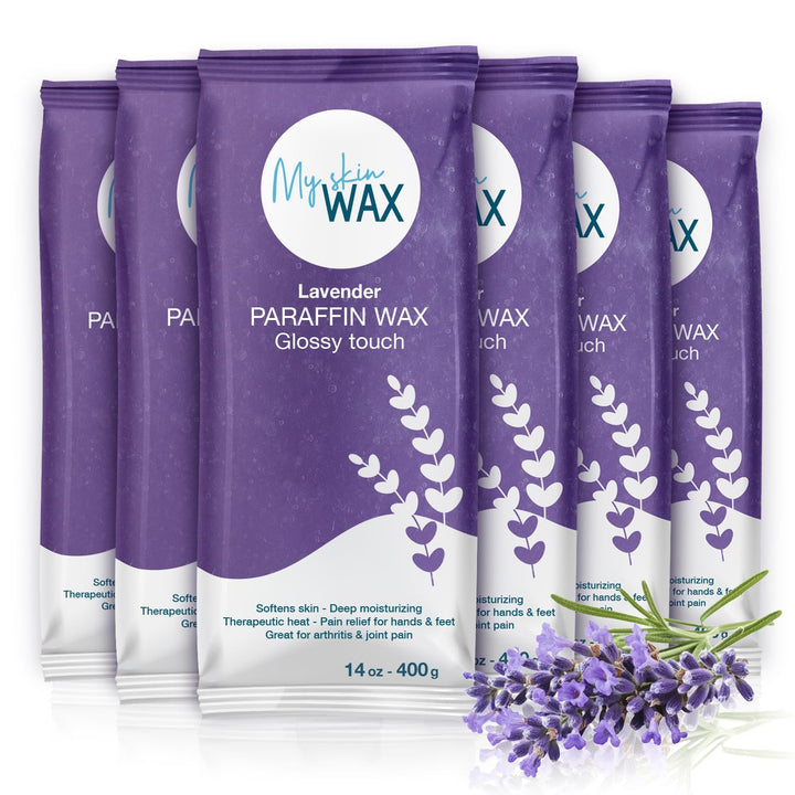 My Skin WAX front packaging showing six lavender paraffin blocks and gloves, professional refill benefit