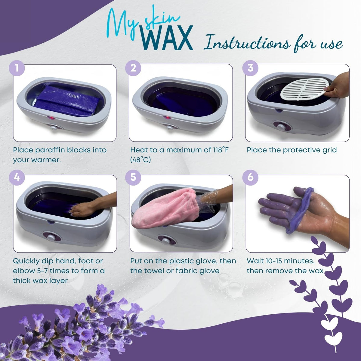 My Skin WAX lavender sprigs beside wax blocks emphasizing calming scent for a relaxing session