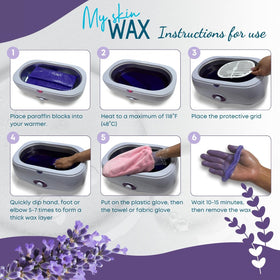 My Skin WAX lavender sprigs beside wax blocks emphasizing calming scent for a relaxing session