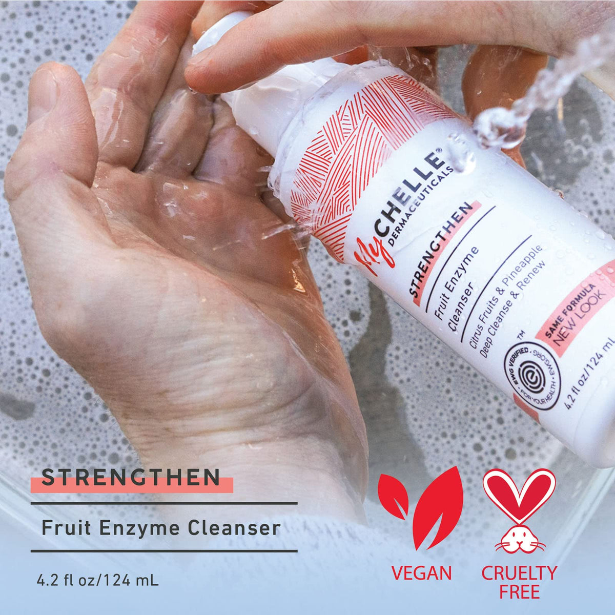 MyChelle pump and label close-up highlighting clean ingredients