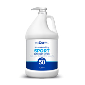 MyDerm front gallon bottle showing brand and SPF 50 protection for large use