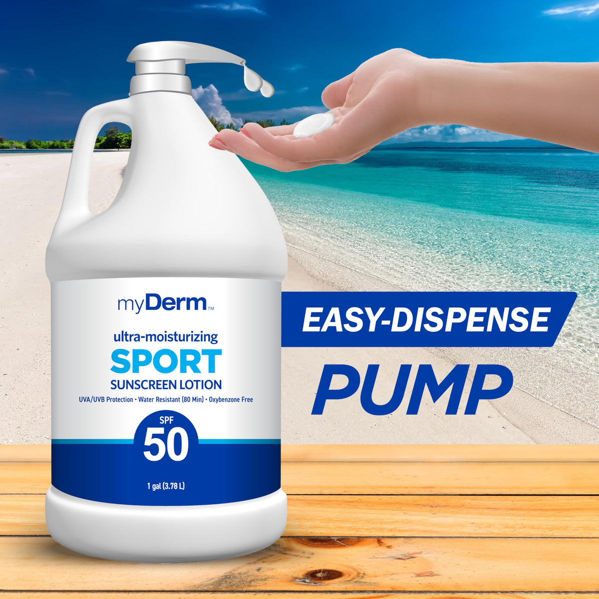 MyDerm size comparison showing one-gallon bottle scale and long-lasting supply benefit