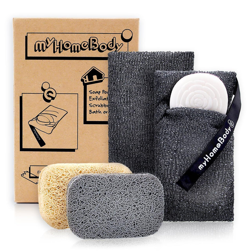 myHomeBody front view of graphite pouch showing packaging and two pouches benefit durable scrub