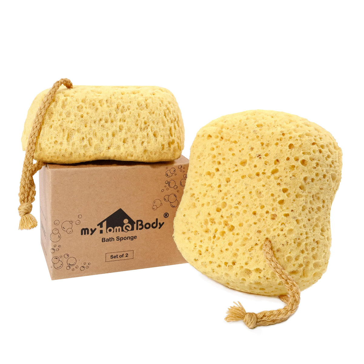 myHomeBody front view of two large foam loofahs showing packaging and size benefit