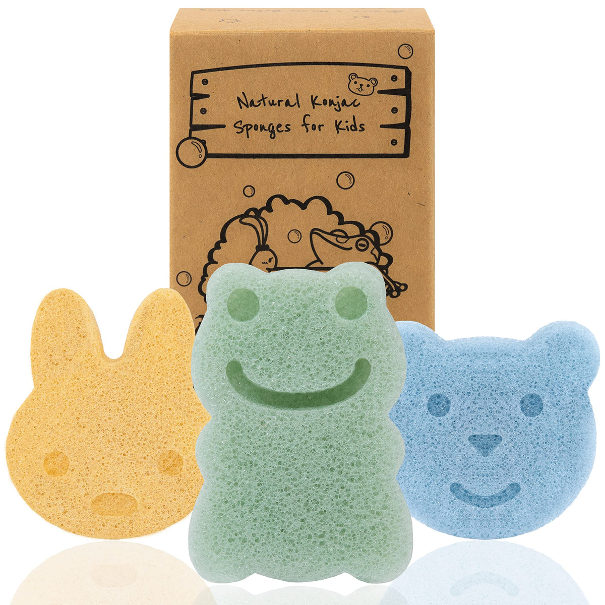 myHomeBody front packaging with three animal sponges, shows set and appeal
