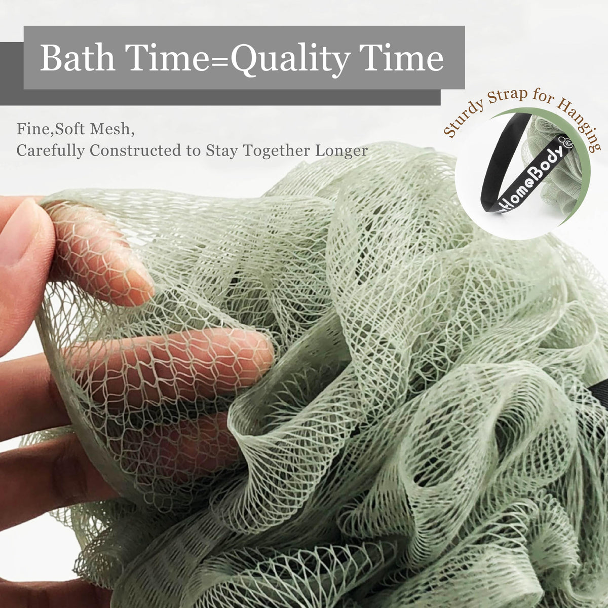 myHomeBody sponge held in hand showing 70g size and better coverage benefit