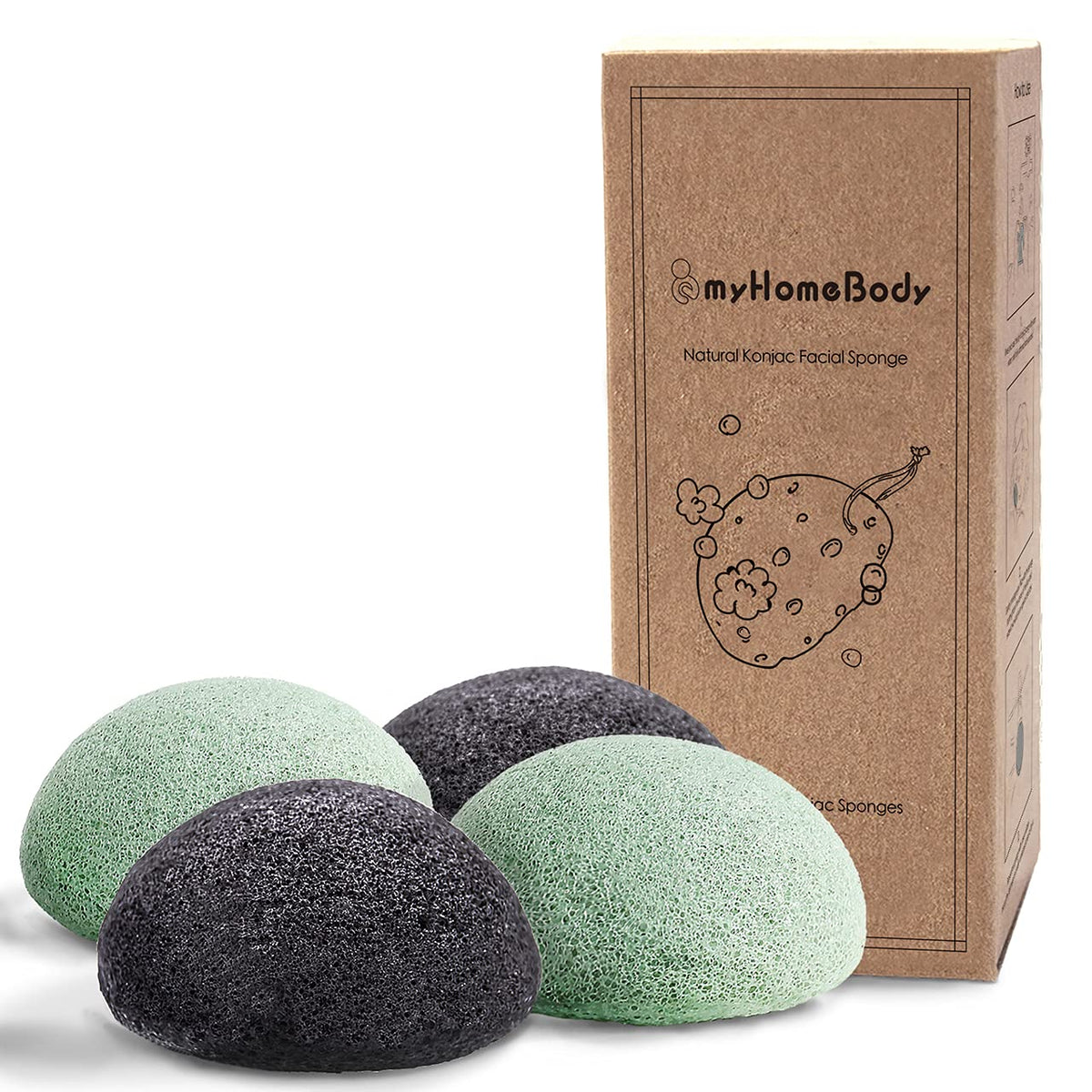 myHomeBody front packaging showing four konjac sponges and benefits