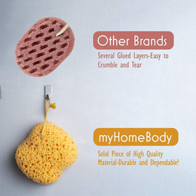 myHomeBody sponge on bathroom shelf in styled scene showing everyday luxury benefit