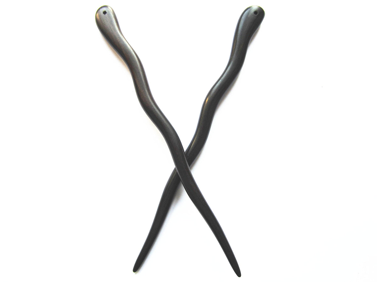Myhsmooth front view of two ebony hair sticks showing design and benefit of grip