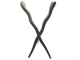 Myhsmooth front view of two ebony hair sticks showing design and benefit of grip