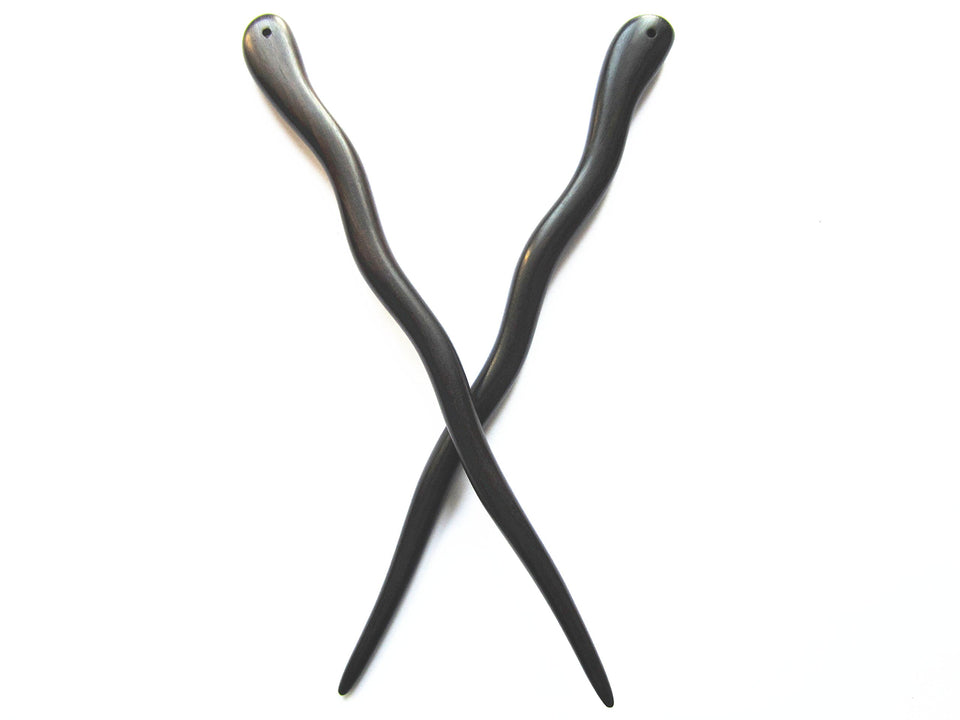 Myhsmooth front view of two ebony hair sticks showing design and benefit of grip