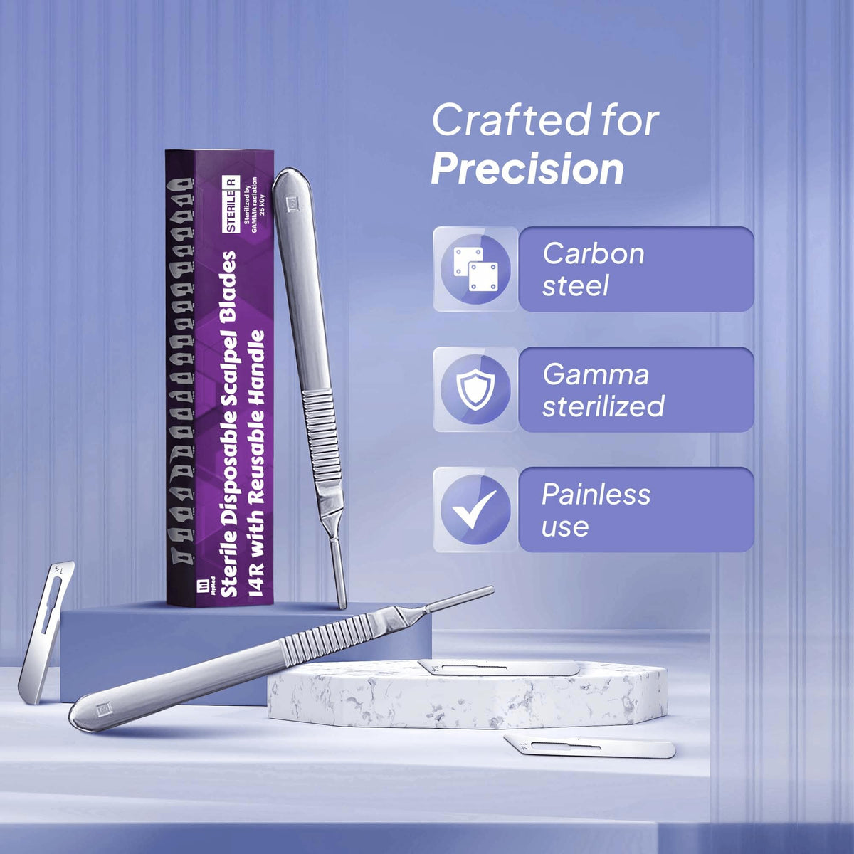 MyMed blade close-up displaying sharp #14R edge for precise exfoliation