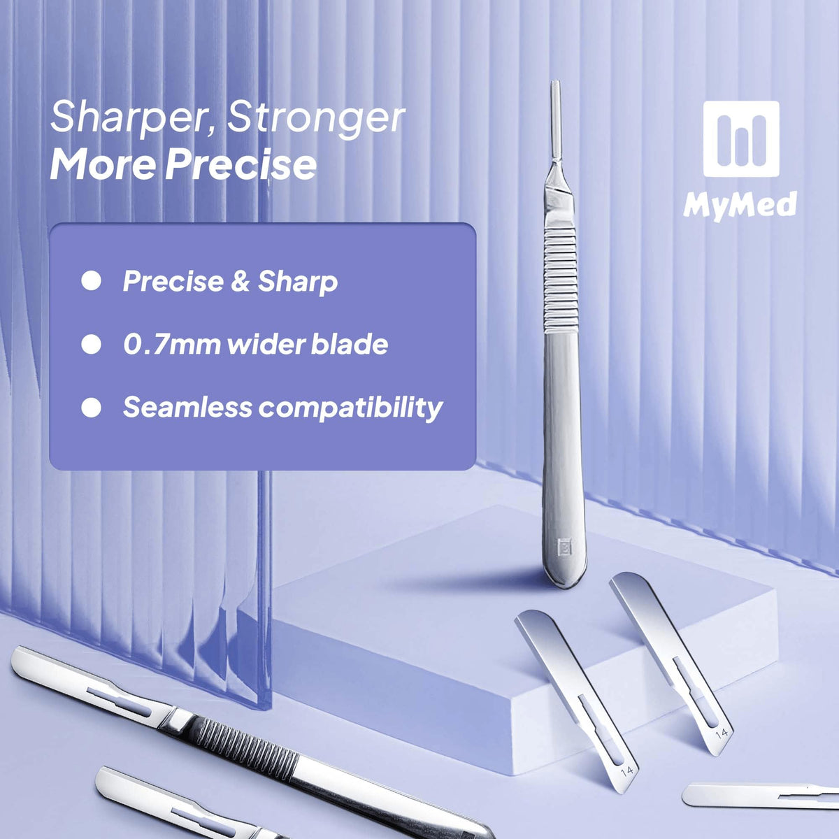 MyMed disposable #14R blade mounted on handle demonstrating accurate angle