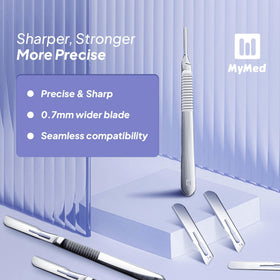 MyMed disposable #14R blade mounted on handle demonstrating accurate angle