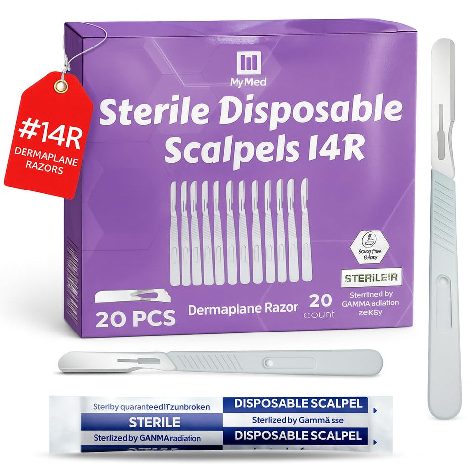 MyMed front packaging showing pack of 20 scalpels and clear labeling for convenience