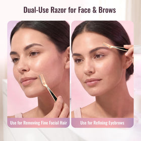 MyMed dermaplane in use on cheek demonstrating gentle fuzz removal and smoother skin