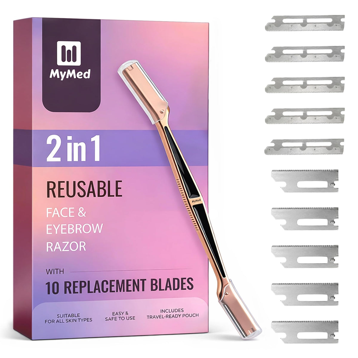 MyMed dermaplane razor front view showing stainless steel handle for precise control