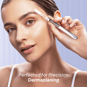 MyMed dermaplaning in use on cheek showing smoother skin texture result