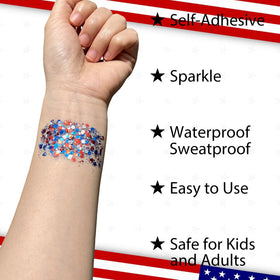 Mysense applied on cheek showing bold red white blue sparkle for holiday makeup