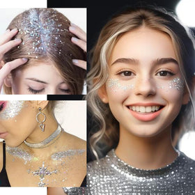 Mysense glitter applied to cheekbone for festival-ready luminous accent