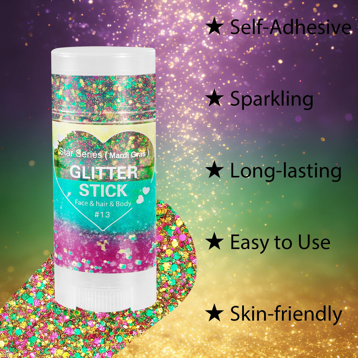 Mysense glitter stick gliding on skin in hand, precise glue-free application benefit